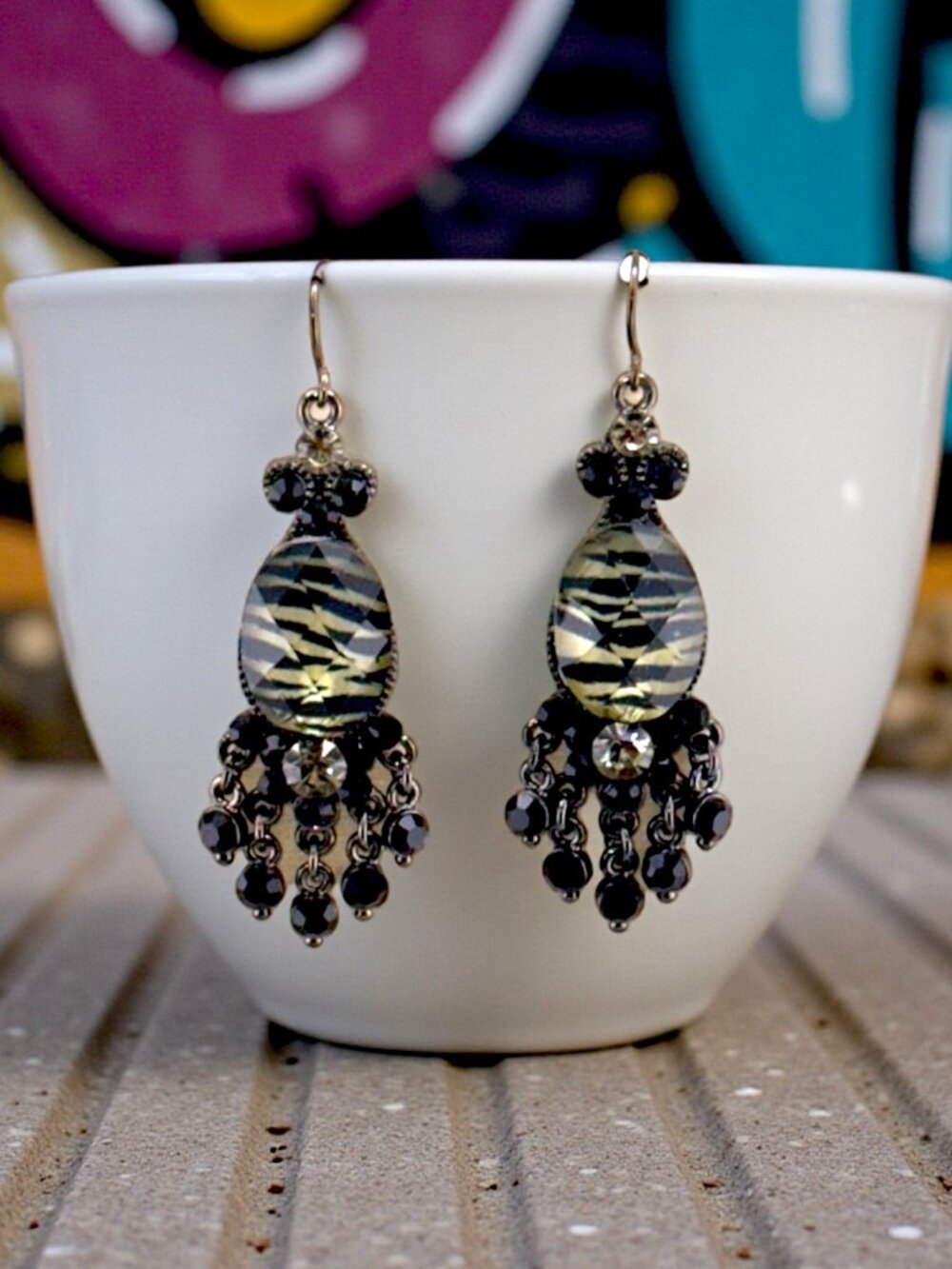 Vintage Zebra Print Chandelier Earrings Black Gunmetal Beaded Fringe Y2K